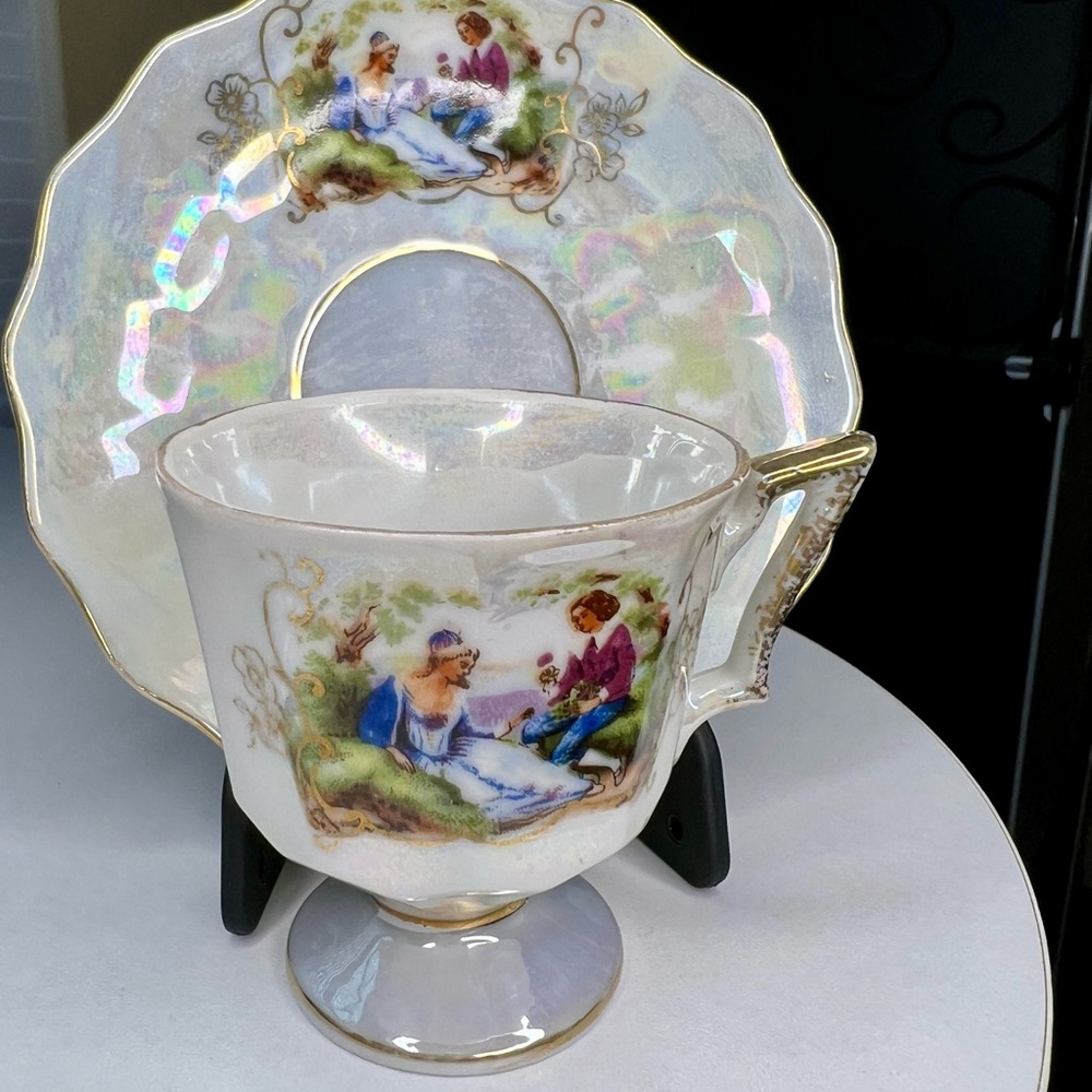 Vintage Victorian Lusterware Pedestal Teacup & Saucer Set Courtship Gold Rim